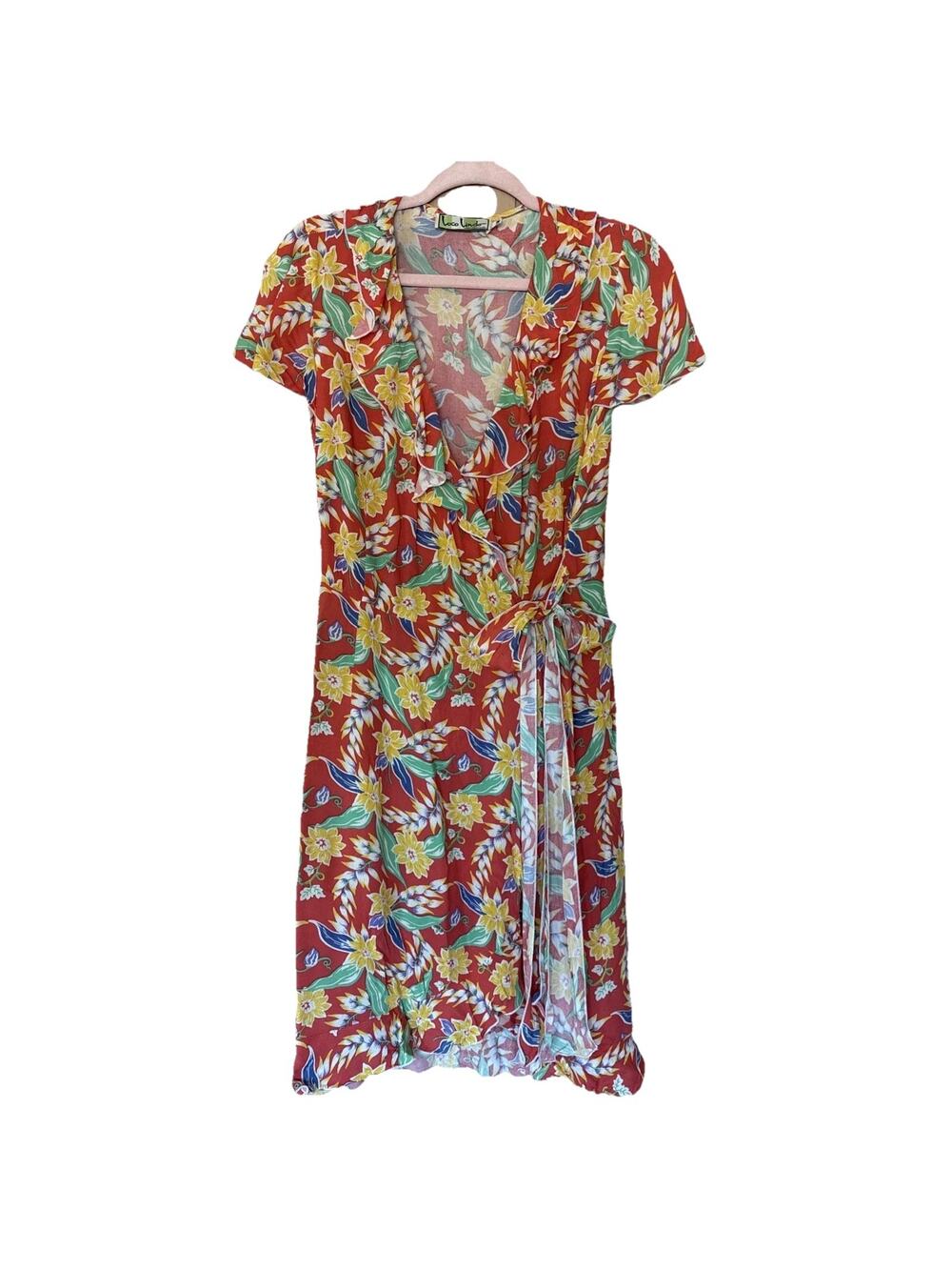 Loco Lindo Orange Floral Wrap Dress Flutter Sleeve Knee Length Ruffle Sz M